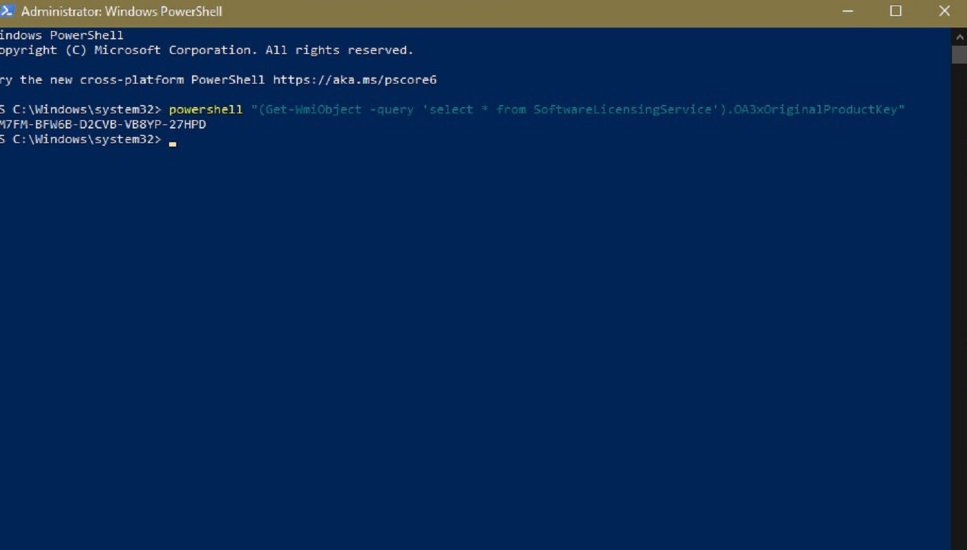 Visualización de la clave de producto de Windows 10 con PowerShell.